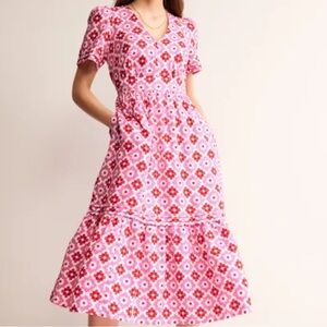 NWT Boden Red and Pink Pattern Midi Dress US12L 100% Linen New!